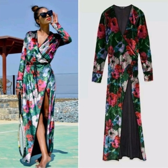 “ZARA” Floral Velvet Wrap Kimono Dress - Picture 6 of 16